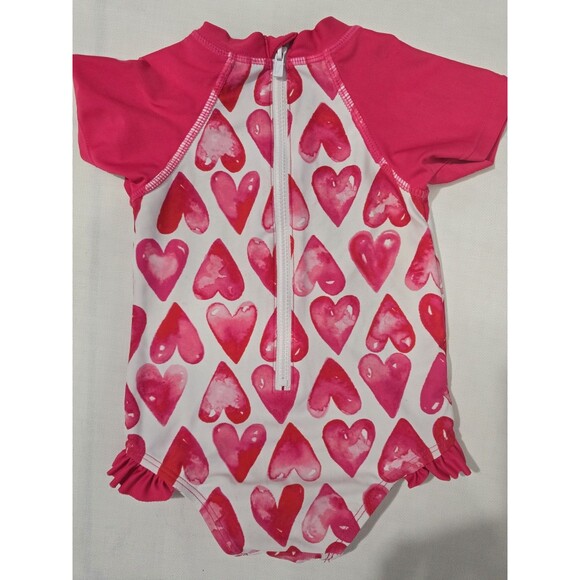 Floatimini Baby Girl Swimsuit 12M | Pink Heart Rash Guard | Zip Back Ruffle Legs - Picture 3 of 4